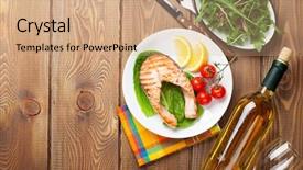  Presentation with salmon grilled fish salmon grilled - Theme having grilled salmon and whtie wine background and a coral colored foreground