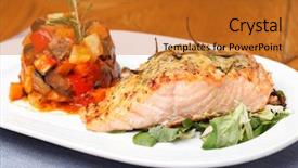  Presentation with ratatouille - Colorful presentation enhanced with grilled salmon fillet with ratatouille backdrop and a gold colored foreground