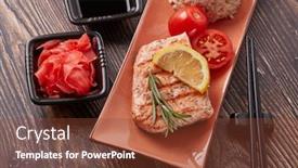  Presentation with soy sauce - Slide deck featuring grilled-salmon-fillet-with-rice background and a tawny brown colored foreground