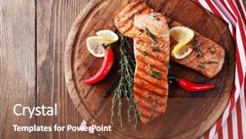  Presentation with salmon fish - Beautiful presentation featuring grilled salmon on cutting board backdrop and a tawny brown colored foreground