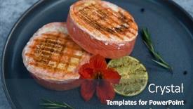  Presentation with edible flower - Presentation theme consisting of grilled-salmon-roll-with-mozzarella background and a ocean colored foreground