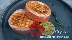  Presentation with edible flower - Presentation with grilled-salmon-roll-with-mozzarella background and a ocean colored foreground