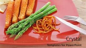  Presentation with cutlery - Cool new slide deck with grilled salmon slices with asparagus lemon fried orange peel and cutlery on red plate over wooden table backdrop and a red colored foreground