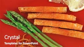 Presentation with orange peel isolated - Slide set featuring grilled salmon slices with asparagus lemon and fried orange peel on red plate isolated over white background background and a crimson colored foreground