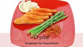  Presentation with orange peel isolated - Presentation design with grilled salmon slices with asparagus lemon and fried orange peel on red plate isolated over white background background and a coral colored foreground