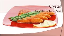  Presentation with orange peel isolated - PPT layouts consisting of grilled salmon slices with asparagus lemon and fried orange peel on red plate isolated over white background background and a lemonade colored foreground