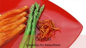  Presentation with orange peel isolated - Theme with grilled salmon slices with asparagus lemon and fried orange peel on red plate isolated over white background background and a red colored foreground