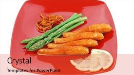  Presentation with orange peel isolated - Presentation design with grilled salmon slices with asparagus lemon and fried orange peel on red plate isolated over white background background and a red colored foreground