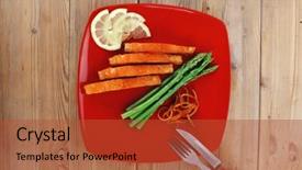  Presentation with cutlery - Amazing presentation theme having grilled salmon slices with asparagus lemon fried orange peel and cutlery on red plate over wooden table backdrop and a red colored foreground