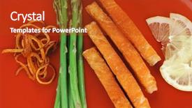  Presentation with orange peel isolated - PPT theme with grilled salmon slices with asparagus lemon and fried orange peel on red plate isolated over white background background and a crimson colored foreground