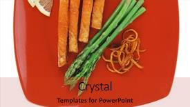  Presentation with orange peel isolated - Audience pleasing presentation design consisting of grilled salmon slices with asparagus lemon and fried orange peel on red plate isolated over white background backdrop and a red colored foreground