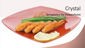  Presentation with orange peel isolated - Slides having grilled salmon slices with asparagus lemon and fried orange peel on red plate isolated over white background background and a lemonade colored foreground