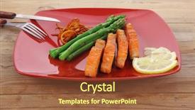  Presentation with cutlery - PPT layouts enhanced with grilled salmon slices with asparagus lemon fried orange peel and cutlery on red plate over wooden table background and a tawny brown colored foreground