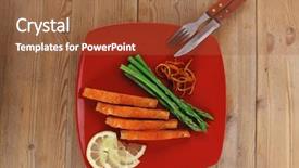  Presentation with cutlery - Beautiful PPT theme featuring grilled salmon slices with asparagus lemon fried orange peel and cutlery on red plate over wooden table backdrop and a red colored foreground