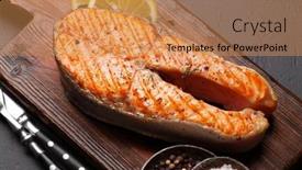  Presentation with salmon grilled fish salmon grilled - PPT layouts enhanced with grilled-salmon-steak-fish-steak background and a coral colored foreground