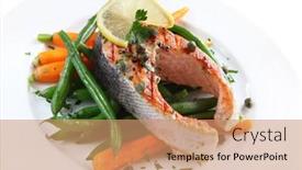  Presentation with carrots - Slides with grilled salmon steak with baby carrots and string beans garnished with lemon parsley and capers background and a coral colored foreground