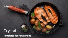  Presentation with steaks - PPT theme having grilled-salmon-steaks-and-potatoes and a dark gray colored foreground