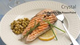  Presentation with salmon dish - Theme having grilled salmon with fork on dish background and a soft green colored foreground