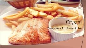  Presentation with salmon dish - Colorful presentation theme enhanced with grilled salmon with golden french fries - french cuisine dish backdrop and a coral colored foreground