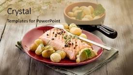  Presentation with salmon grilled fish salmon grilled - Presentation consisting of grilled salmon with roasted potatoes background and a coral colored foreground