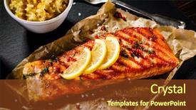  Presentation with salmon - Audience pleasing theme consisting of grilled salmon with vegetables served backdrop and a tawny brown colored foreground