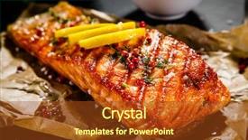 Presentation with salmon - Slides featuring grilled salmon with vegetables served background and a tawny brown colored foreground