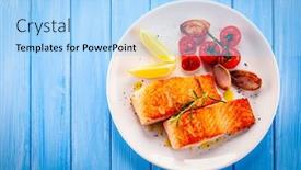  Presentation with white marble plate marble - Slide set consisting of grilled-salmon-with-vegetables background and a light blue colored foreground