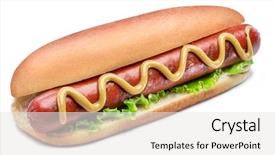  Presentation with sauces - PPT layouts having grilled sausage in a bun background and a sky blue colored foreground