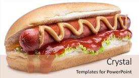  Presentation with sauces - Audience pleasing slide set consisting of grilled sausage in a bun backdrop and a coral colored foreground