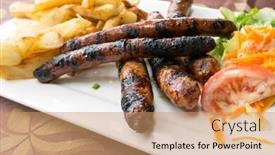  Presentation with french fries - Audience pleasing PPT theme consisting of grilled sausage served with french fries backdrop and a coral colored foreground