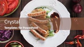  Presentation with rocket - PPT layouts consisting of grilled sausage with hash browns rocket salad and barbecue sauce background and a tawny brown colored foreground