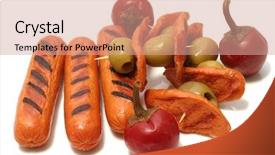  Presentation with sausages - Cool new presentation theme with grilled sausages and slices with small red hot peppers and olives over white backdrop and a coral colored foreground