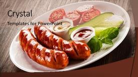  Presentation with sausages - PPT theme enhanced with grilled sausages and vegetables background and a coral colored foreground