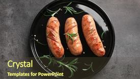  Presentation with grilled - Slides enhanced with grilled sausages on black plate background and a tawny brown colored foreground