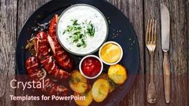  Presentation with sausages - Amazing slide set having grilled-sausages-on-wooden-board backdrop and a tawny brown colored foreground