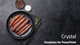  Presentation with sausages - Colorful presentation design enhanced with grilled-sausages-with-rosemary-herbs backdrop and a dark gray colored foreground
