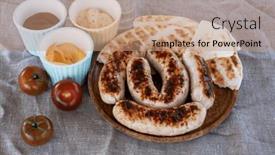  Presentation with rest - Presentation theme consisting of grilled-sausages-with-sauce background and a coral colored foreground
