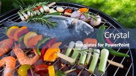  Presentation with fishes - Audience pleasing presentation design consisting of grilled-sea-fishes-with-vegetable backdrop and a ocean colored foreground