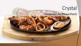  Presentation with seafoods - Cool new PPT theme with grilled seafoods - bbq shrimps mussels and calamari rings backdrop and a white colored foreground