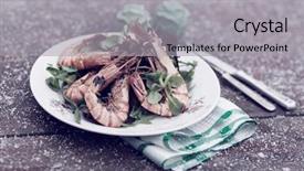 Presentation with shrimps - PPT theme featuring grilled shrimps served outdoor in winter snow on table toned image background and a light gray colored foreground