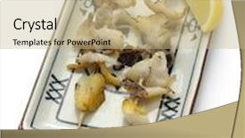  Presentation with japanese food - PPT layouts enhanced with grilled skewered whelks japanese food isolated on white background background and a coral colored foreground
