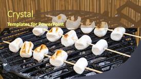  Presentation with dessert - Beautiful PPT theme featuring grilled-skewers-of-marshmallow backdrop and a tawny brown colored foreground