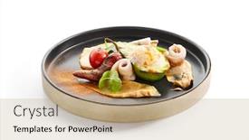  Presentation with haute cuisine - Amazing PPT theme having grilled-squid-with-avocado backdrop and a coral colored foreground