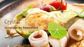  Presentation with haute cuisine - Colorful PPT layouts enhanced with grilled-squid-with-avocado backdrop and a yellow colored foreground