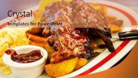  Presentation with hot sauce - PPT layouts having grilled steak - grilled meat ribs background and a coral colored foreground
