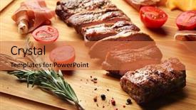  Presentation with appetizers - PPT layouts with grilled steak and appetizers on cutting board background and a red colored foreground