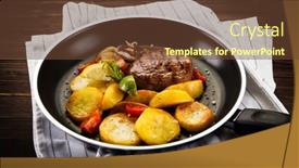  Presentation with frying - Cool new PPT layouts with grilled steak and potatoes on frying pan backdrop and a tawny brown colored foreground