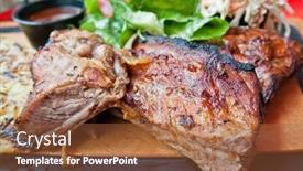  Presentation with hot sauce - Colorful PPT layouts enhanced with grilled steak - grilled meat ribs on the plate with hot sauce backdrop and a tawny brown colored foreground