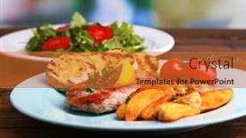 Presentation with steak - Colorful presentation enhanced with grilled steak grilled vegetables and fresh green salad on table on bright background backdrop and a red colored foreground