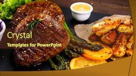  Presentation with steak - Slide deck enhanced with grilled steak with potatoes and vegetables background and a tawny brown colored foreground